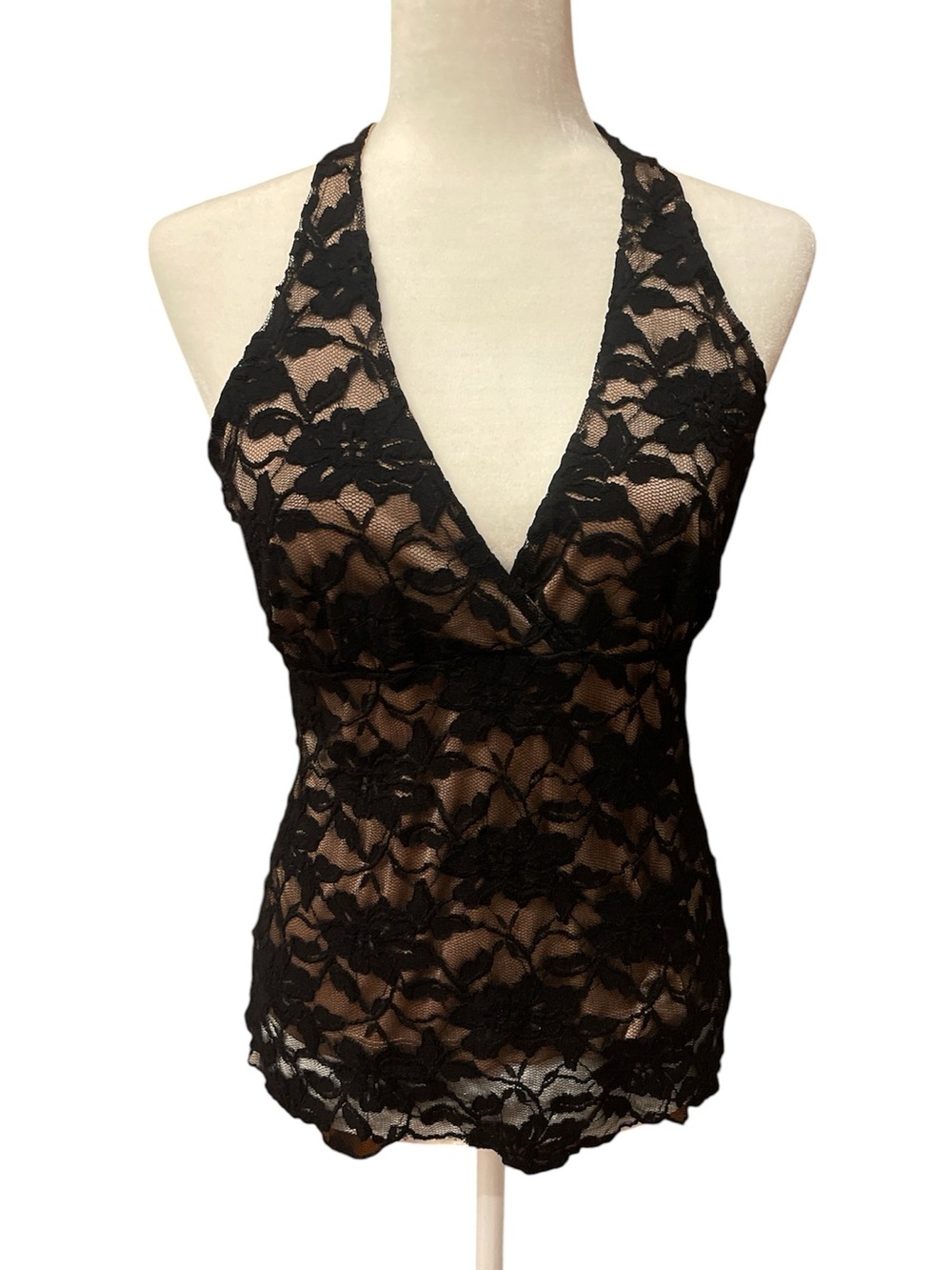Sandra lace top black with nude liner size medium V-neck front - racer back
